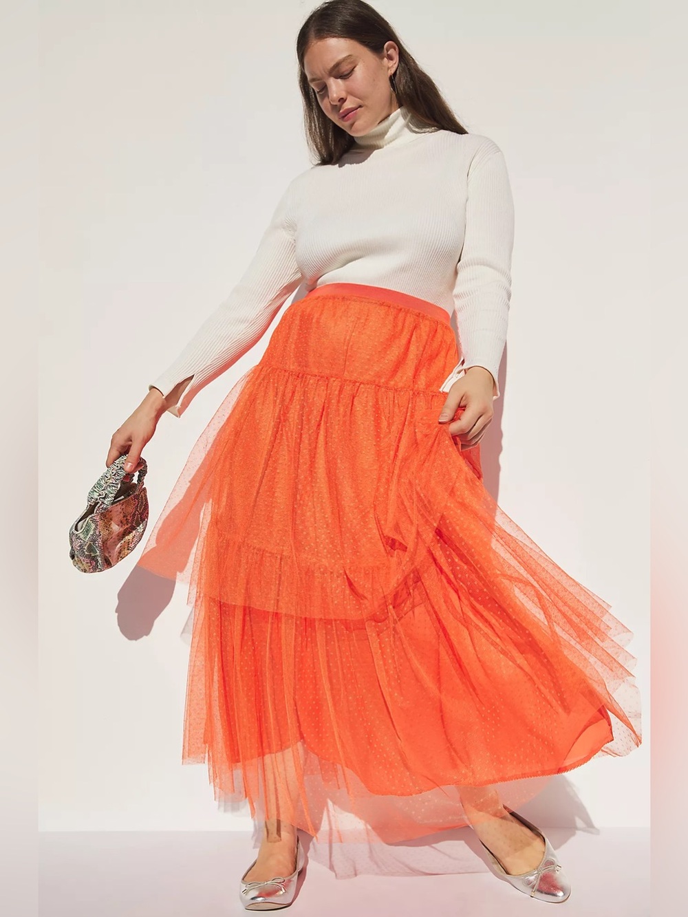 ANTHROPOLOGIE NWT 1X Evelyn Tulle Dot Tiered Midi Skirt • Orange Soda Clementine